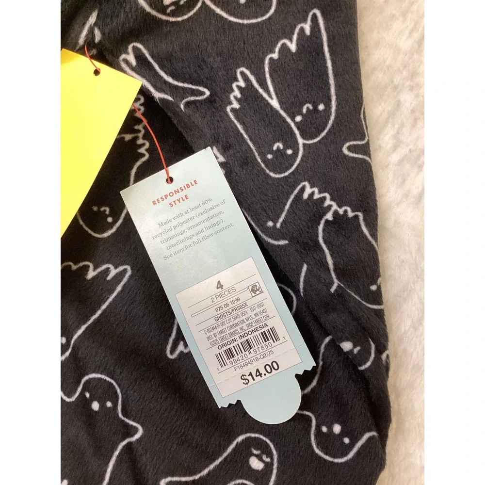 Cat & Jack Kids Black White Ghost Print Pajama Set 2pc Size 4 Halloween Snug Fit